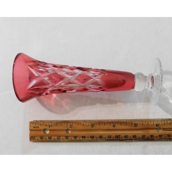 Vintage Cranberry Red Glass Bud Vase Diamond Cut Pattern Clear Pedestal Base - Picture 6 of 6